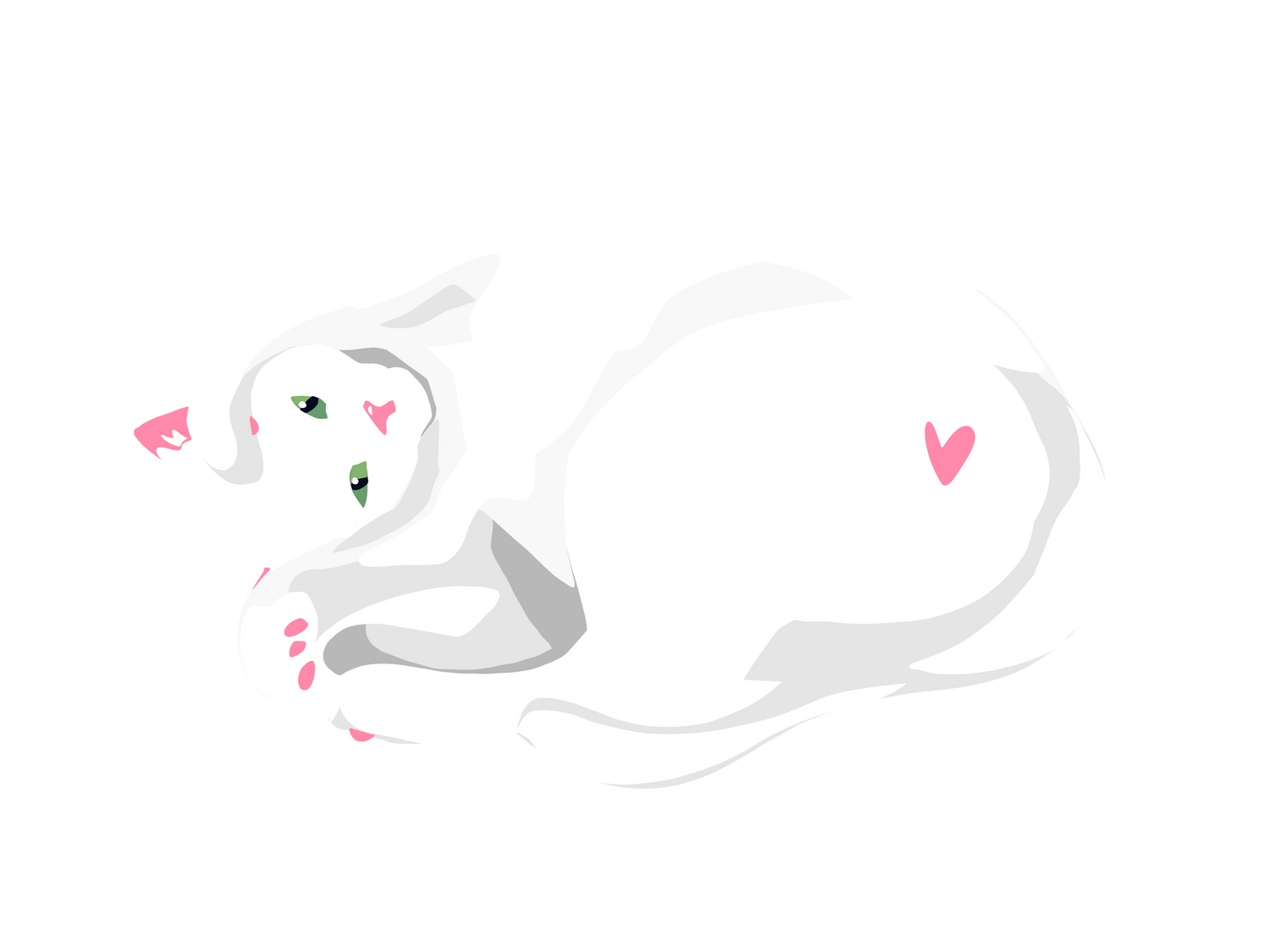 A white cat with pink features is curled up with their arms over their head. They have a pink heart on their behind.